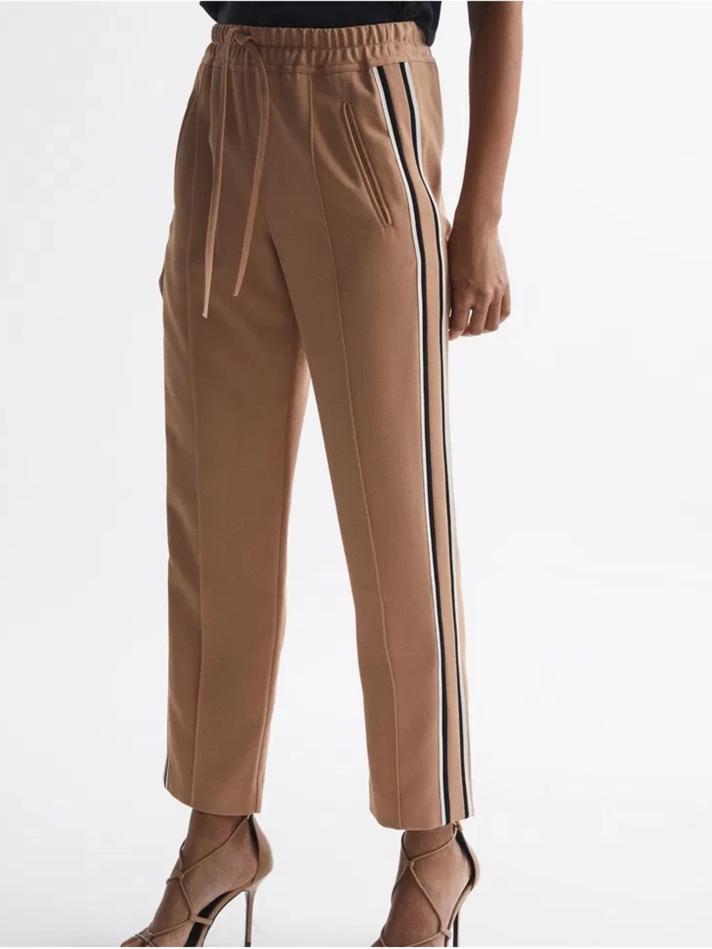REISS Tre Side Stripe Pull-On Tapered Trousers Camel Size 14 Classic Office
